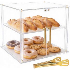 2-Tier Acrylic Bakery Display Case, 15.8"x11.8"x11.8" Clear Pastry Display Case with Magnetic Door & Trays, Countertop Food Storage for Donuts, Bagels, Cakes, Cookies in Saudi Arabia