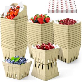 36 Pcs Natural Pulp Fiber Berry Basket with 50 Sheets of Wax Paper, Molded Ventilated Produce Baskets for Strawberry Blueberry Vegetable and Snack, for Fruit Picking, Farmers Market, Backyard Party in Saudi Arabia