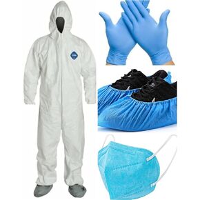 PRIME GUARD Hazmat PPE غطاء واقي يمكن التخلص منه مع خصر مرن ومعصمين وكاحلين مع قفازات وأحذية طويلة وقناع in Kuwait