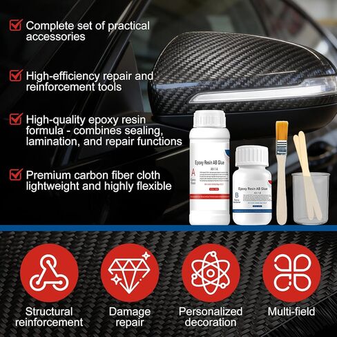 طقم إصلاح من ألياف الكربون، طقم من ألياف الكربون، قماش من ألياف الكربون مقاس 8 بوصات، 100 جرام من راتنجات الإيبوكسي و27 جرام من مواد تقوية الإيبوكسي، أكواب قياس، أعواد خلط وفرشاة لإصلاح السيارات والأثاث والدراجات والقوارب بنفسك in Kuwait
