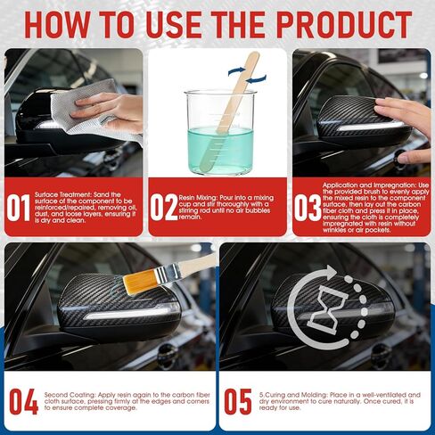 طقم إصلاح من ألياف الكربون، طقم من ألياف الكربون، قماش من ألياف الكربون مقاس 8 بوصات، 100 جرام من راتنجات الإيبوكسي و27 جرام من مواد تقوية الإيبوكسي، أكواب قياس، أعواد خلط وفرشاة لإصلاح السيارات والأثاث والدراجات والقوارب بنفسك in Kuwait