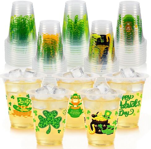 أكواب GuassLee St Patrick's Day للاستعمال مرة واحدة - 50 قطعة 12oz أكواب بلاستيكية شفافة يمكن التخلص منها في عيد القديس باتريك مع 5 البرسيم المحظوظ للأطفال والكبار والوجبات الخفيفة للمشروبات الباردة ومستلزمات حفلات القديس باتريك in Kuwait