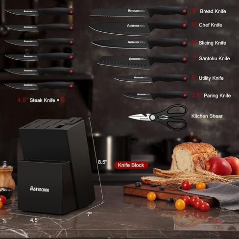 Knife Set, Astercook 15 Pieces Knife Sets for Kitchen with Block, Dishwasher Safe Kitchen Knife Set with Built in Sharpener Block, German Stainless Steel Knife Block Set, Valentine's Gift in Kuwait