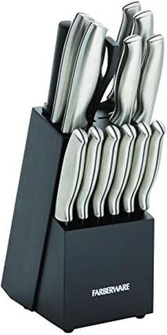 Farberware 15-Piece Kitchen Knife Set, High-Carbon Stainless Steel Blades with Wood Block, Steak Knives, Sharpening Tool & All-Purpose Shears, Razor Sharp, Ergonomic Stainless Steel Handles in Kuwait