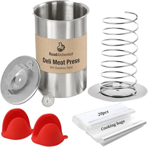 Deli Meat Press Stainless Steel with Thermometer, Lunch Meat Press Mold, Ham Maker Meat Press Tool, with 20 Cooking Bags + 2 anti-scalding clips, for Making Sandwich, Delimeat, Lunchmeat in Kuwait
