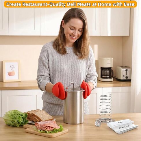 Deli Meat Press Stainless Steel with Thermometer, Lunch Meat Press Mold, Ham Maker Meat Press Tool, with 20 Cooking Bags + 2 anti-scalding clips, for Making Sandwich, Delimeat, Lunchmeat in Kuwait