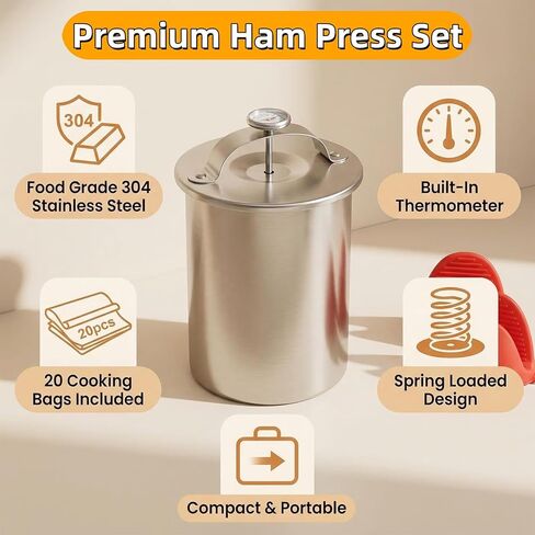 Deli Meat Press Stainless Steel with Thermometer, Lunch Meat Press Mold, Ham Maker Meat Press Tool, with 20 Cooking Bags + 2 anti-scalding clips, for Making Sandwich, Delimeat, Lunchmeat in Kuwait