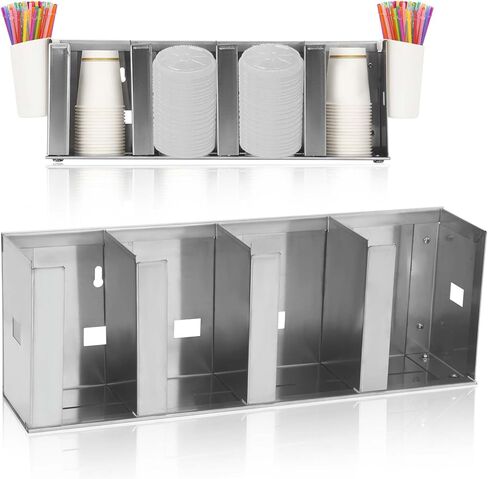 حامل أكواب وغطاء من الفولاذ المقاوم للصدأ قابل للتعديل - 4 حجرات، موزع أكواب سعة 32 أونصة للمطاعم، حامل أكواب تجاري منظم للقش، موزع غطاء من الفولاذ المقاوم للصدأ 304 in Kuwait