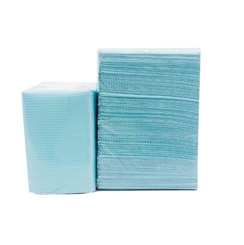 Dry Back Bib Towels 2 Ply Paper 1 Ply Plastic - Blue “13 x 8" Waterproof Maximum Absorbency Disposable Used in Dental Offices, Spas, Tattoo Parlor, & Nail Salons (125) in Saudi Arabia