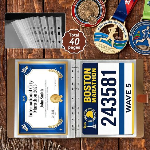 كتاب ألبوم Race Bib مع 40 أكمام واقية، منظم أرقام مريلة العداء، جلد PU بني in Saudi Arabia