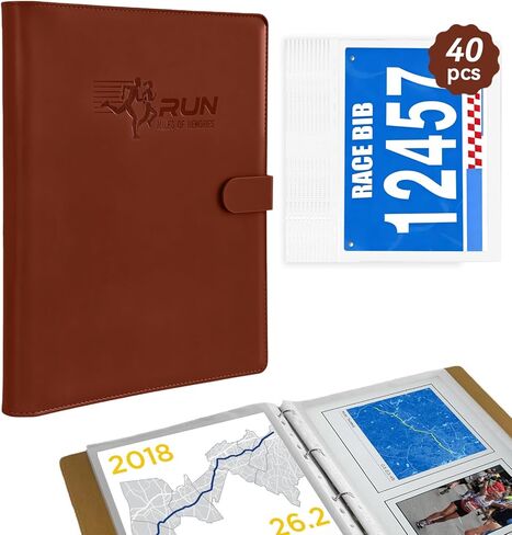 كتاب ألبوم Race Bib مع 40 أكمام واقية، منظم أرقام مريلة العداء، جلد PU بني in Saudi Arabia