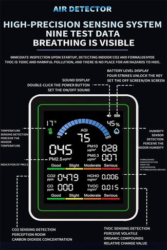جهاز مراقبة جودة الهواء في الأماكن المغلقة، جهاز اختبار جودة الهواء الذكي المحمول 10 في 1 لثاني أكسيد الكربون | ثاني أكسيد الكربون | TVOC | هكو | درجة الحرارة | تنظيم القاعدة في العراق | PM0.3-1 كشف هوم للنباتات المنزلية والسيارات والحيوانات الأليفة والسي in Kuwait