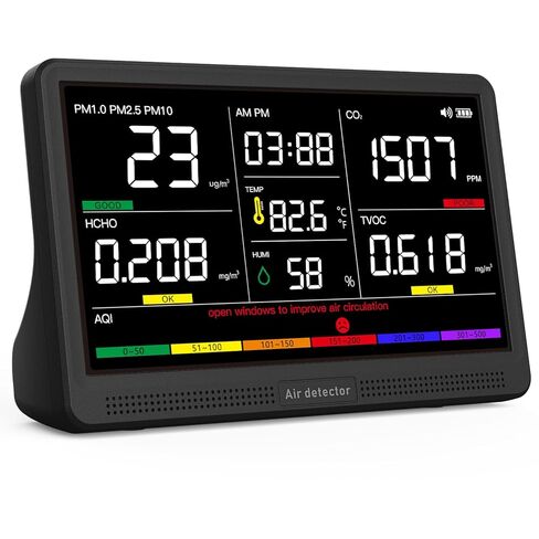 16 in 1 Air Quality Monitor Indoor 7" Large Display 9 AQI+7 Alerts, CO2 Monitor Air Quality Tester for CO2, TVOC, PM2.5 PM1.0 PM10, HCHO Temperature Humidity AQI & Time Air Quality Meter for Home in Saudi Arabia