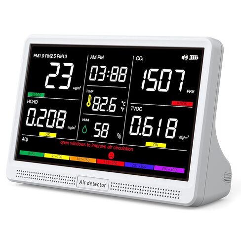 16 in 1 Air Quality Monitor Indoor 7" Large Display 9 AQI+7 Alerts, CO2 Monitor Air Quality Tester for CO2, TVOC, PM2.5 PM1.0 PM10, HCHO Temperature Humidity AQI & Time Air Quality Meter for Home in Saudi Arabia