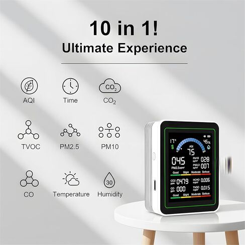 10 in 1 Smart Air Quality Monitor Indoor,Carbon Monoxide Monitoring,Co2 Detector,Professional Air Quality Test Kit with CO2 | CO | TVOC | HCHO | Temp | AQI | PM2.5 | PM0.3 | PM10 in Kuwait