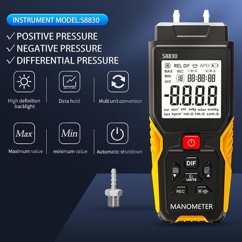 مقياس ضغط الهواء الرقمي، +/- 36.80 كيلو باسكال 147.7 بوصة ارتفاع 20 مقياس ضغط ثنائي المنفذ، مقياس الضغط التفاضلي لأنظمة تكييف الهواء، قنوات التهوية، التدفئة والتهوية وتكييف الهواء، جهاز اختبار ضغط الغاز in Kuwait