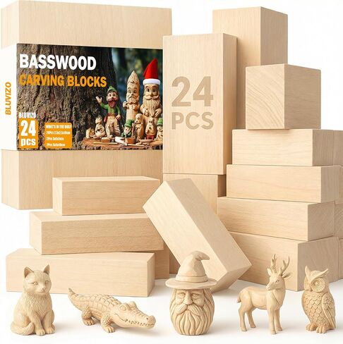 Basswood Carving Blocks 24PCS: Whittling Wood Blocks Wood Carving Kit with 3 Different Sizes - Soft Woodworking Blanks for Crafts Beginners Kids Adults in Kuwait
