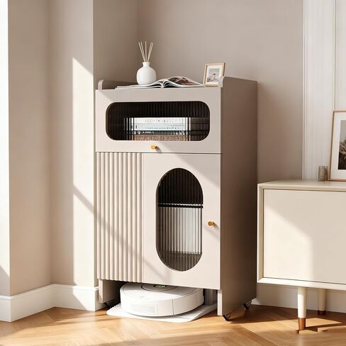 Robot Vacuum Stand Cabinet with Wheels, Hidden Storage Cabinet for Robot Vacuum Cleaner, Wood Storage Cabinet for Living Room, Kitchen, Easy Water Changing in Kuwait