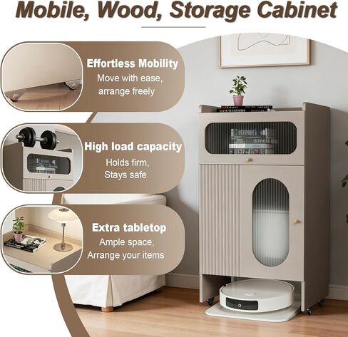 Robot Vacuum Stand Cabinet with Wheels, Hidden Storage Cabinet for Robot Vacuum Cleaner, Wood Storage Cabinet for Living Room, Kitchen, Easy Water Changing in Kuwait