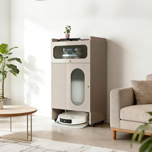 Robot Vacuum Stand Cabinet with Wheels, Hidden Storage Cabinet for Robot Vacuum Cleaner, Wood Storage Cabinet for Living Room, Kitchen, Easy Water Changing in Kuwait