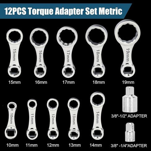 مجموعة محول عزم الدوران 12 قطعة مترية، تتضمن 10، 11، 12، 13، 14، 15، 16، 17، 18، 19 ملم، 12 نقطة نهاية صندوق مفتاح عزم الدوران محول تمديد 3/8 بوصة، مع محولات محرك 1/2 بوصة + 1/4 بوصة in Kuwait