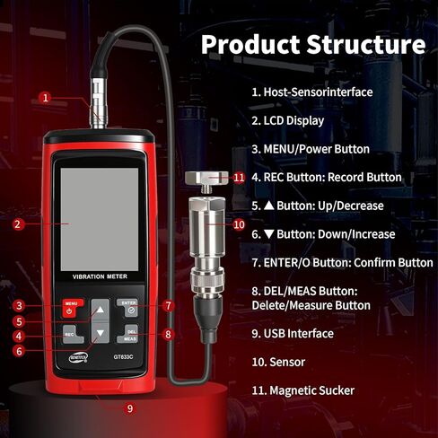 Portable Digital Vibration Meter, with TFT Smart Screen 397000 Data Storage for Accurate Measurement of Acceleration Velocity Displacement Frequency Temperature in Kuwait