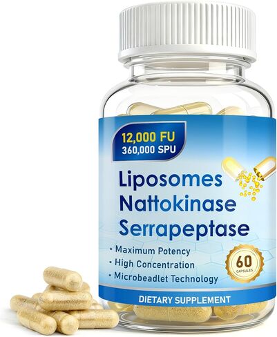 Nattokinase 12,000 FU Serrapeptase 360,000 SPU Supplement, 60 Capsules, Enriched with Super Enzymes, Nutrient Blend & Inulin for Circulation, Digestion & Gut Support in Kuwait