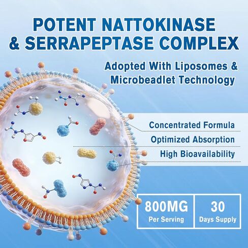 Nattokinase 12,000 FU Serrapeptase 360,000 SPU Supplement, 60 Capsules, Enriched with Super Enzymes, Nutrient Blend & Inulin for Circulation, Digestion & Gut Support in Kuwait