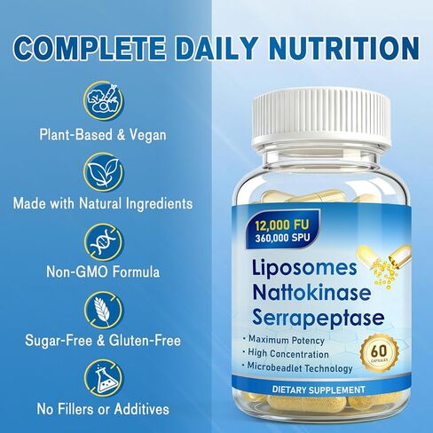 Nattokinase 12,000 FU Serrapeptase 360,000 SPU Supplement, 60 Capsules, Enriched with Super Enzymes, Nutrient Blend & Inulin for Circulation, Digestion & Gut Support in Kuwait
