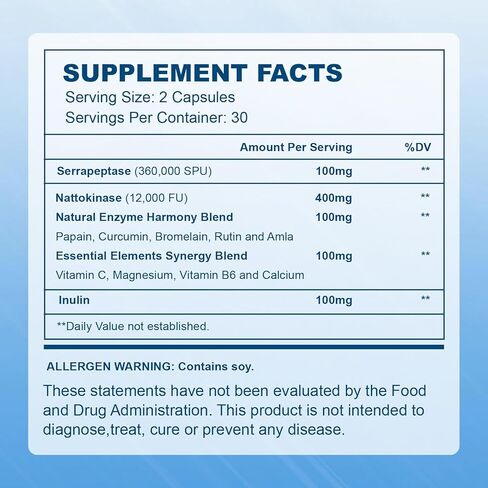 Nattokinase 12,000 FU Serrapeptase 360,000 SPU Supplement, 60 Capsules, Enriched with Super Enzymes, Nutrient Blend & Inulin for Circulation, Digestion & Gut Support in Kuwait