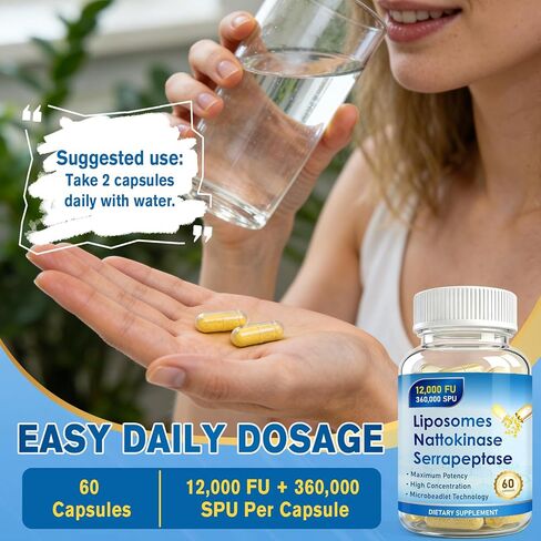 Nattokinase 12,000 FU Serrapeptase 360,000 SPU Supplement, 60 Capsules, Enriched with Super Enzymes, Nutrient Blend & Inulin for Circulation, Digestion & Gut Support in Kuwait