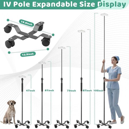 IV Poles with Wheels,47 to 100In Portable IV Floor StandTelescopic with 4 Hooks IV Bag Holder Stand Feeding Pump Stand Stainless Steels Pipe Extension Pole IV Influsion Pole in Kuwait