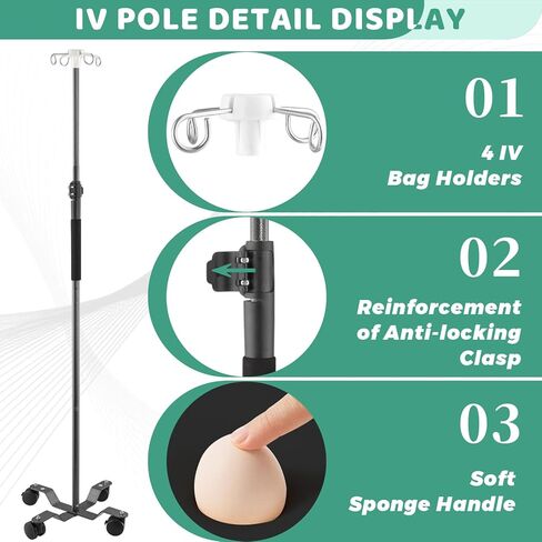 IV Poles with Wheels,47 to 100In Portable IV Floor StandTelescopic with 4 Hooks IV Bag Holder Stand Feeding Pump Stand Stainless Steels Pipe Extension Pole IV Influsion Pole in Kuwait