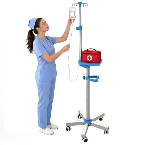 IV Pole with Wheels, Adjustable 52.3"–70.8" Stainless Steel IV Stand, 9" x 7" Tray, Height-Adjustable Handle, 4 Fluid Bags Holder, 5-Wheel Base in Saudi Arabia