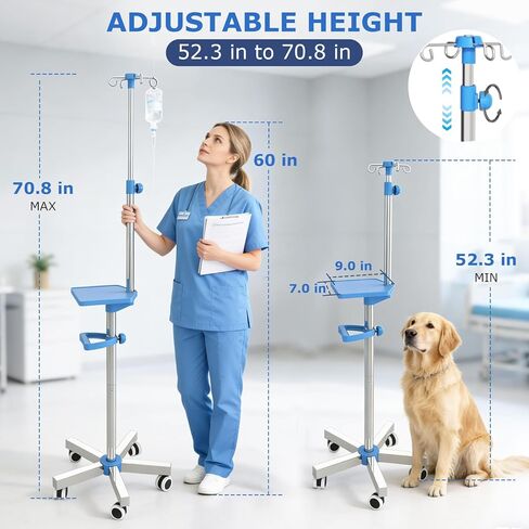 IV Pole with Wheels, Adjustable 52.3"–70.8" Stainless Steel IV Stand, 9" x 7" Tray, Height-Adjustable Handle, 4 Fluid Bags Holder, 5-Wheel Base in Saudi Arabia