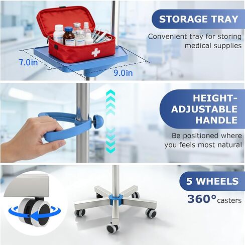 IV Pole with Wheels, Adjustable 52.3"–70.8" Stainless Steel IV Stand, 9" x 7" Tray, Height-Adjustable Handle, 4 Fluid Bags Holder, 5-Wheel Base in Saudi Arabia