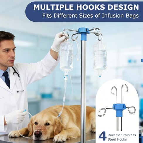 IV Pole with Wheels, Adjustable 52.3"–70.8" Stainless Steel IV Stand, 9" x 7" Tray, Height-Adjustable Handle, 4 Fluid Bags Holder, 5-Wheel Base in Saudi Arabia