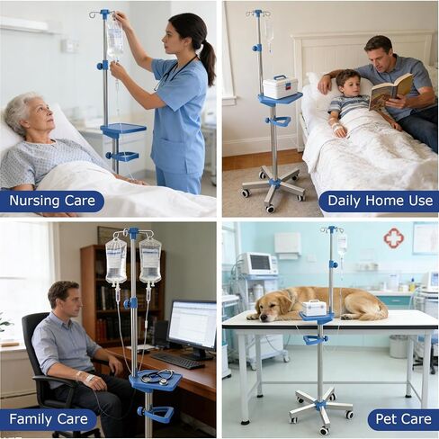 IV Pole with Wheels, Adjustable 52.3"–70.8" Stainless Steel IV Stand, 9" x 7" Tray, Height-Adjustable Handle, 4 Fluid Bags Holder, 5-Wheel Base in Saudi Arabia
