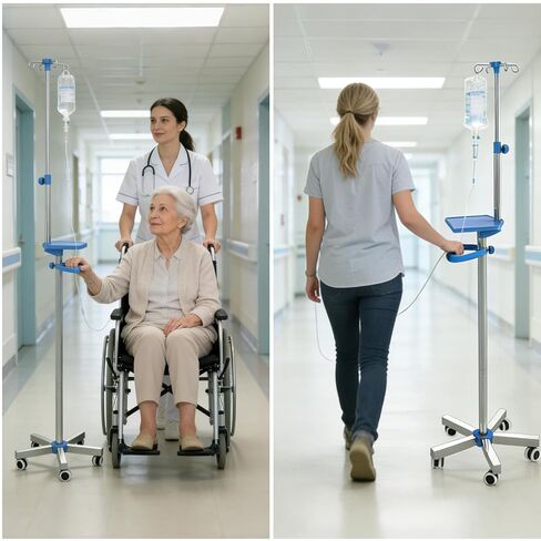 IV Pole with Wheels, Adjustable 52.3"–70.8" Stainless Steel IV Stand, 9" x 7" Tray, Height-Adjustable Handle, 4 Fluid Bags Holder, 5-Wheel Base in Saudi Arabia