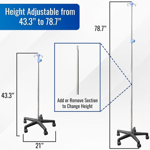 HealthSmart Rolling IV Pole Stand –Heavy Duty Stainless Steel, Adjustable 43.3″–78.7″ Height, 4-Prong IV Bag Holder, 5 Caster Wheels, Easy Assembly, 45 lb Capacity, Medical & Home Care in Kuwait