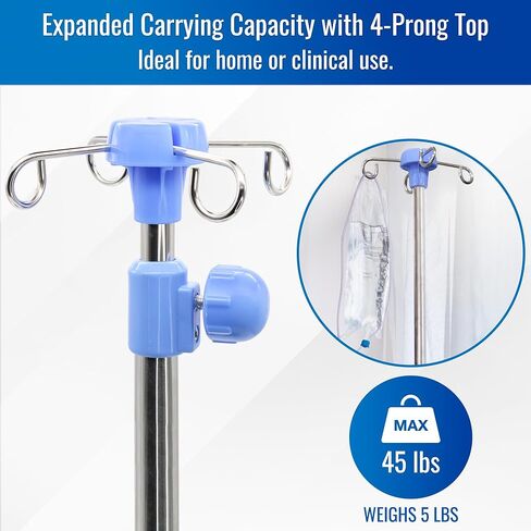 HealthSmart Rolling IV Pole Stand –Heavy Duty Stainless Steel, Adjustable 43.3″–78.7″ Height, 4-Prong IV Bag Holder, 5 Caster Wheels, Easy Assembly, 45 lb Capacity, Medical & Home Care in Kuwait