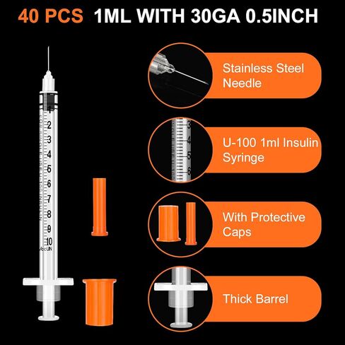 40 Pack 1ml Syringes with Needle-30Ga 0.5 Inch, Individually Sealed Packaging in Kuwait