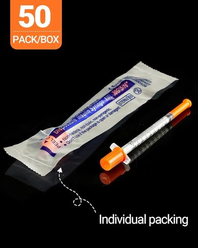 U-100 Insulin Syringes with Needle 50 PACK - 1cc 30g 5/16" (8mm) Lab Syringes,Individually Wrapped in Kuwait