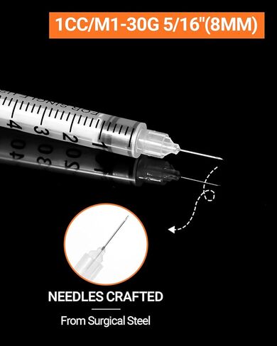 U-100 Insulin Syringes with Needle 50 PACK - 1cc 30g 5/16" (8mm) Lab Syringes,Individually Wrapped in Kuwait