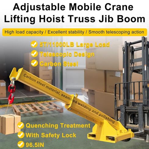 Forklift Jib Boom Forklift Mobile Crane, 5T / 11000LB Telescopic Crane Attachment with Hook, Max Length 96.5'' Mobile Lifting Hoist Towing Handling for Warehouse & Construction Material in Saudi Arabia