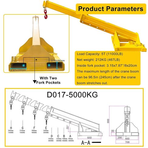 Forklift Jib Boom Forklift Mobile Crane, 5T / 11000LB Telescopic Crane Attachment with Hook, Max Length 96.5'' Mobile Lifting Hoist Towing Handling for Warehouse & Construction Material in Saudi Arabia