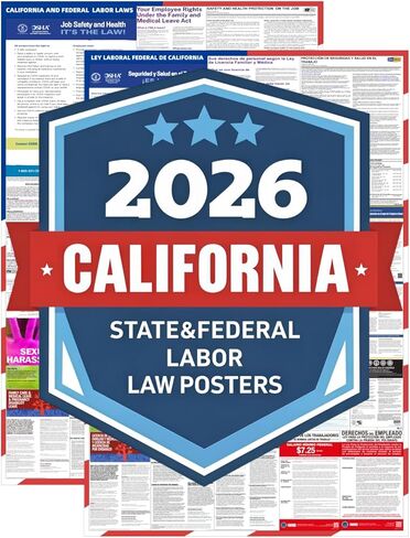 ملصقات قانون العمل الفيدرالي وولاية كاليفورنيا لعام 2026 - مجموعة باللغتين الإنجليزية والإسبانية - الامتثال الكامل لإدارة السلامة والصحة المهنية في مكان العمل - مغلفة مقاومة للماء للأشعة فوق البنفسجية مقاس 24 بوصة × 36 بوصة in Kuwait