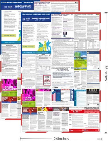 ملصقات قانون العمل الفيدرالي وولاية كاليفورنيا لعام 2026 - مجموعة باللغتين الإنجليزية والإسبانية - الامتثال الكامل لإدارة السلامة والصحة المهنية في مكان العمل - مغلفة مقاومة للماء للأشعة فوق البنفسجية مقاس 24 بوصة × 36 بوصة in Kuwait