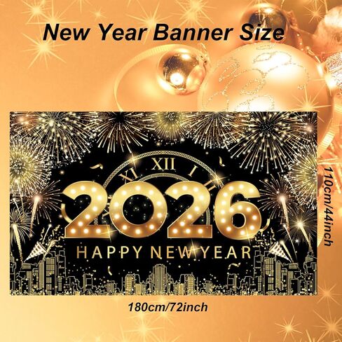 لافتة كبيرة بخلفية سنة جديدة سعيدة، لافتة رأس السنة الجديدة من الذهب الأسود، ديكورات سنة جديدة سعيدة 2025، خلفية ليلة رأس السنة 2025 لمستلزمات حفلات رأس السنة الجديدة 2025 in Kuwait
