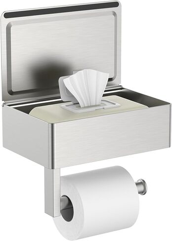 FORIOUS Toilet Paper Holder with Shelf, Sanitary Napkin Receptacle Tampon Holder, Wall Mount Toilet Paper Holder with Storage, Flushable Wipes Dispenser Fits for Bathroom Commercial(1, Matte Black) in Kuwait